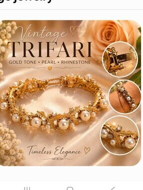 Vintage Crown Trifari Gold Tone Faux Pearl & Rhinestone Leaf Bracelet | Signed |